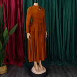 EVE Solid Color Long Sleeve Pleated Maxi Dress GMLF-3252