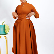 EVE Solid Color Long Sleeve Pleated Maxi Dress GMLF-3252