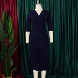 EVE Plus Size Blazer Neck Solid Color Pleated Midi Derss GMLF-3291