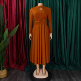 EVE Solid Color Long Sleeve Pleated Maxi Dress GMLF-3252