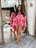 EVE Print Long Sleeve Ruffles Two Piece Shorts Set MDF-L5553