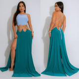 EVE Contrast Color Patchwork Tie Up Maxi Dress GZIY-6188