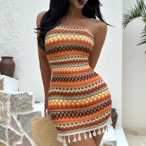 EVE Knits Print Wrap Chest Tassel Mini Dress GZIY-6239