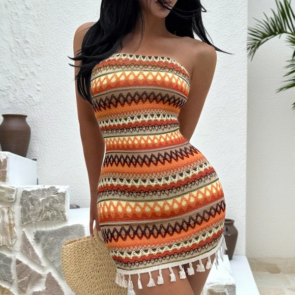 EVE Knits Print Wrap Chest Tassel Mini Dress GZIY-6239