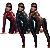 EVE Long Sleeve Zipper Top PU Pants 2 Piece Set MEM-88666