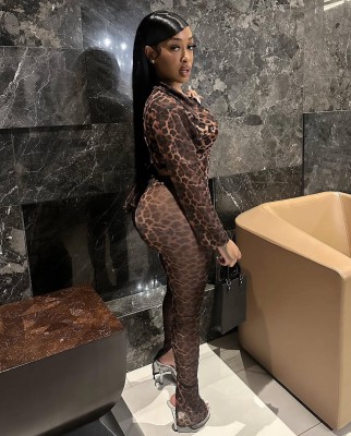 EVE Mesh Leopard Print Long Sleeve Pants Suit MEM-88667