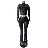 EVE Long Sleeve Zipper Top PU Pants 2 Piece Set MEM-88666