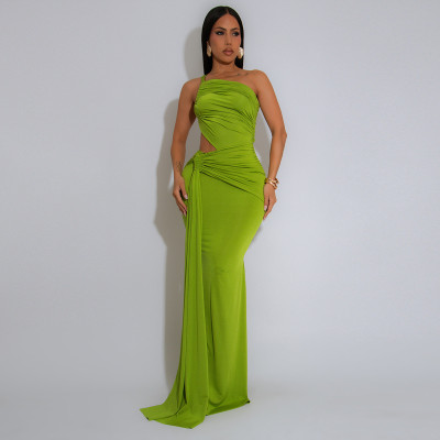 EVE Solid Color Single Shoulder Pleated Maxi Dress GZIY-ZY6238