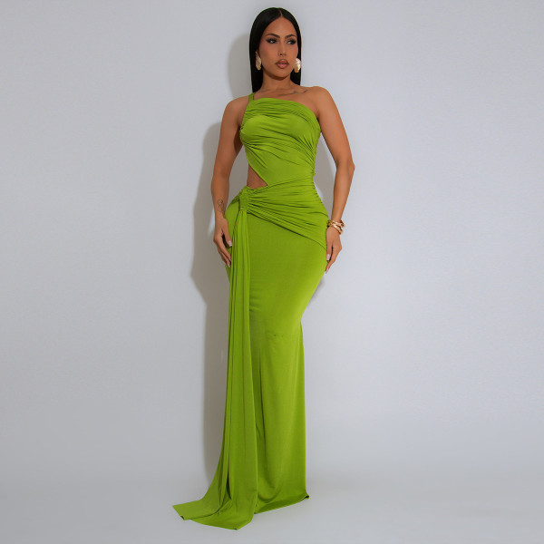 EVE Solid Color Single Shoulder Pleated Maxi Dress GZIY-ZY6238