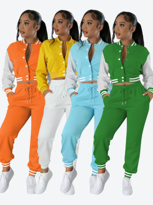 EVE Color Block Long Sleeve Sport Two Piece Pants Set FENF-6007