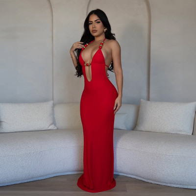 EVE Deep V Neck Backless Tie Up Maxi Dress GZIY-6106