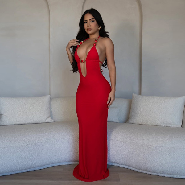 EVE Deep V Neck Backless Tie Up Maxi Dress GZIY-6106