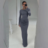 EVE Solid Color Pleated Long Sleeve Maxi Dress GZJQ-K25D81552