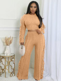 EVE Solid Color Knits Tassel Two Piece Pants Set TK-6346