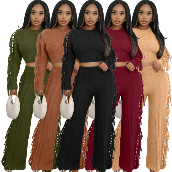 EVE Solid Color Knits Tassel Two Piece Pants Set TK-6346