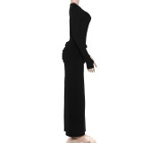 EVE Solid Color Pleated Long Sleeve Maxi Dress GZJQ-K25D81552