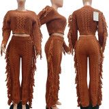 EVE Solid Color Knits Tassel Two Piece Pants Set TK-6346