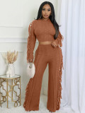 EVE Solid Color Knits Tassel Two Piece Pants Set TK-6346