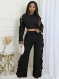 EVE Solid Color Knits Tassel Two Piece Pants Set TK-6346