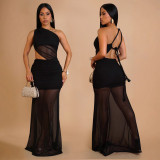 EVE Slash Shoulder Mesh Backless Maxi Dress BY-7515