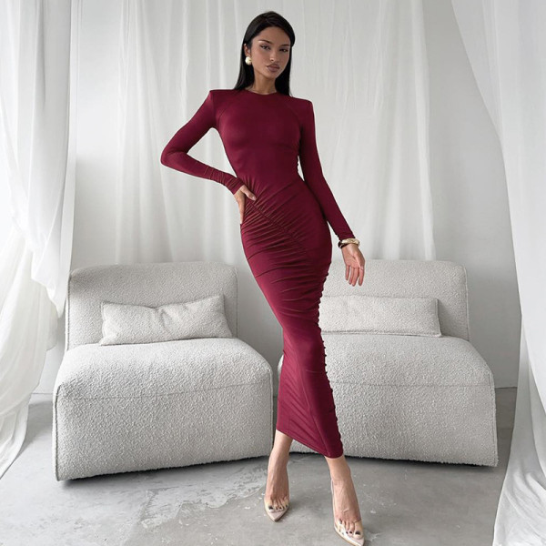 EVE Long Sleeve O Neck Pleated Maxi Dress GAXB-D313DS