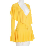 EVE Solid Color Deep V Neck Ruffles Mini Dress GSZM-C25DS279