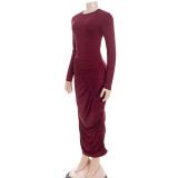 EVE Long Sleeve O Neck Pleated Maxi Dress GAXB-D313DS