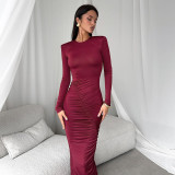 EVE Long Sleeve O Neck Pleated Maxi Dress GAXB-D313DS