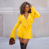 EVE Solid Color Deep V Neck Ruffles Mini Dress GSZM-C25DS279