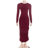 EVE Long Sleeve O Neck Pleated Maxi Dress GAXB-D313DS