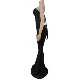 EVE Slash Shoulder Mesh Backless Maxi Dress BY-7515