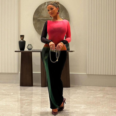 EVE Color Block Long Sleeve Maxi Dress GSLF-K25D82271