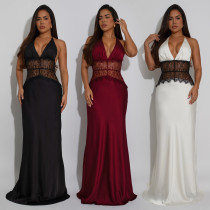 EVE Lace V Neck Backless Maxi Dress BY-7546