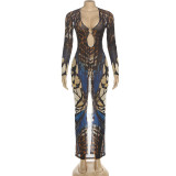 EVE Print Patchwork Long Sleeve Split Maxi Dress DLSF-K25D81202