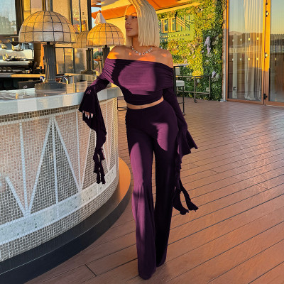 EVE Solid Color Off Shoulder Ruffles Sleeve Pants Suit GSZM-C25ST320