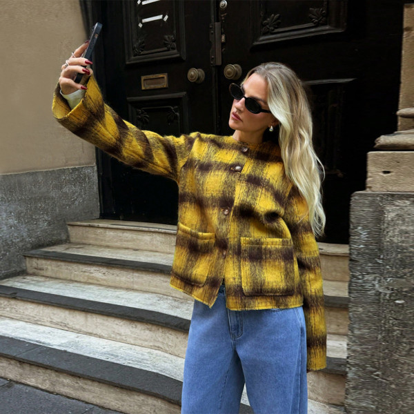 EVE Plaid Print Long Sleeve Coat GFRT-60319TBZ