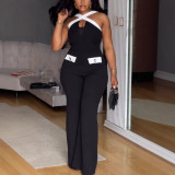EVE Plus Size Contrast Color Cross Halterneck Loose Jumpsuit NY-11216