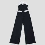 EVE Plus Size Contrast Color Cross Halterneck Loose Jumpsuit NY-11216