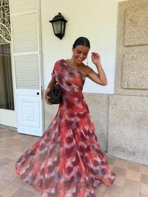 EVE Print Slash Shoulder Pleated Maxi Dress GRNH-28836