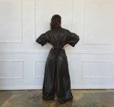 EVE PU Leather Retro Loose Jumpsuit GRNH-28715