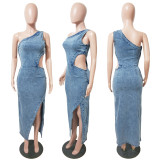 EVE Slash Shoulder Sleeveless Backless Denim Maxi Dress LX-8602