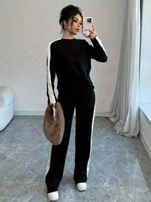 EVE Contast Color Long Sleeve Two Piece Pants Set GRNH-2858