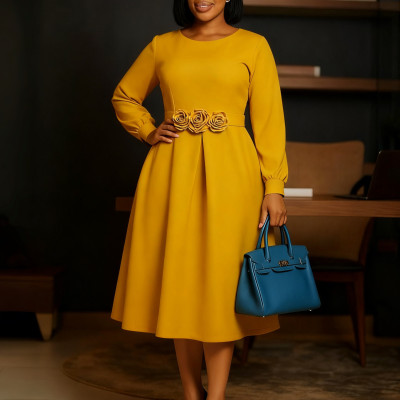 EVE Plus Size Long-sleeve Floral  Solid Color Midi Dress GATE-602