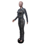 EVE Mesh Print Long Sleeve Two Piece Pants Set MEM-88668