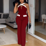 EVE Plus Size Contrast Color Cross Halterneck Loose Jumpsuit NY-11216