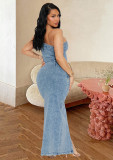 EVE Slash Shoulder Sleeveless Backless Denim Maxi Dress LX-8602