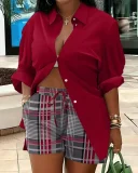 EVE Plus Size Print Long Sleeve Shirt Two Piece Short Set GSRX-9060