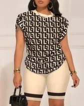 EVE Plus Size Letter Print Short Sleeve Short Suit GSRX-9043