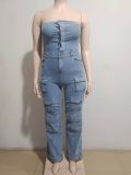 EVE Plus Size Wrap Chest Denim Loose Jumpsuit GAKF-A40707