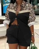 EVE Plus Size Print Long Sleeve Shirt Two Piece Short Set GSRX-9060